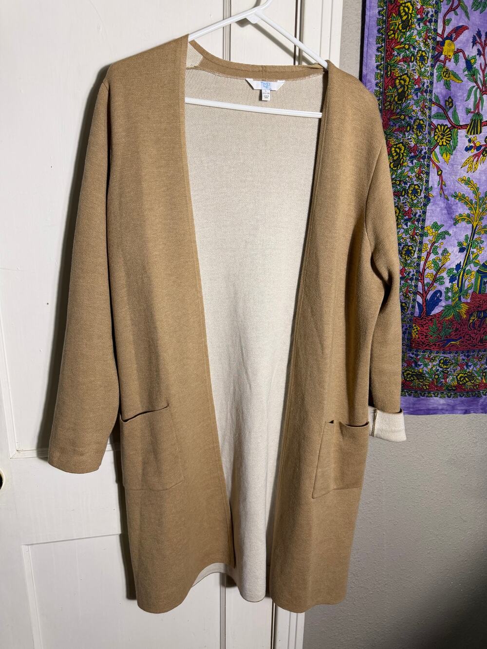 Time and Tru Tan Longline Cardigan Sweater Open Front Pockets - Large